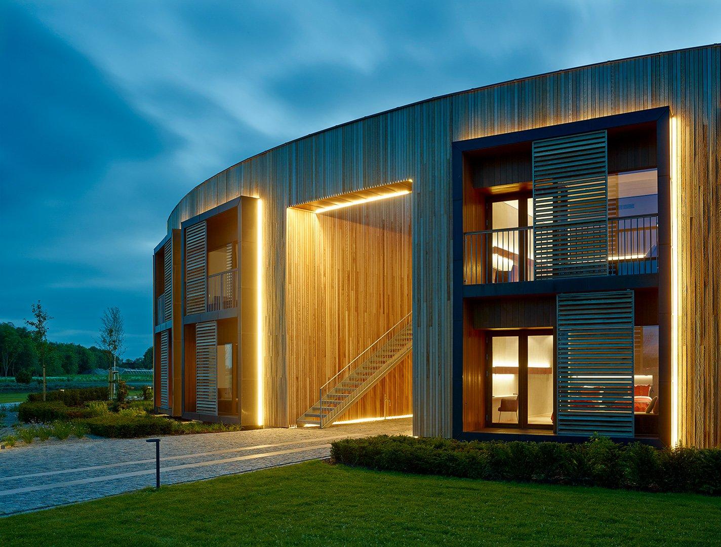 cedar siding on hotel side view evening